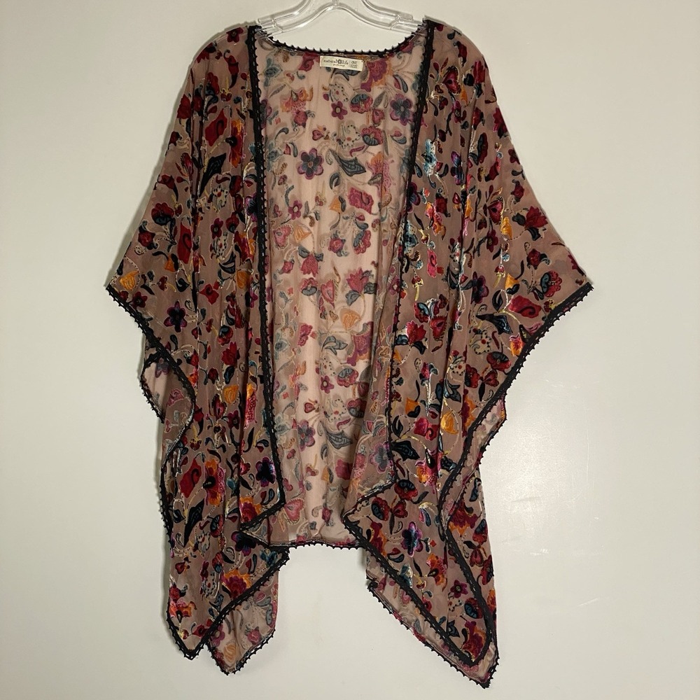 Natural Life Kimono Womens OS Multi Floral Burnout Velvet Boho Festival Artsy